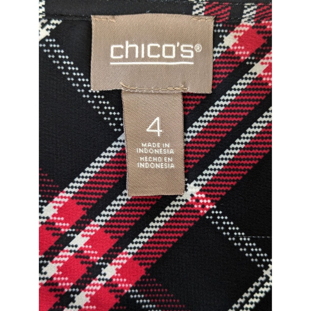 Chicos Red Black Plaid V-Neck Tie Front Puff Sleeve Blouse Top Size 4 XL/XXL - Picture 3 of 6